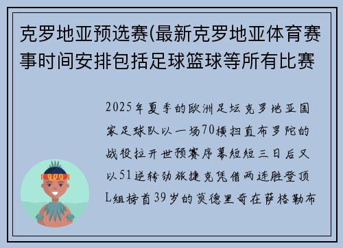 克罗地亚预选赛(最新克罗地亚体育赛事时间安排包括足球篮球等所有比赛日程)